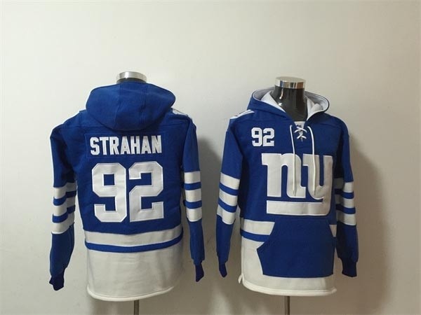 Men's New York Giants #92 Michael Strahan Blue White Lace-Up Pullover Hoodie