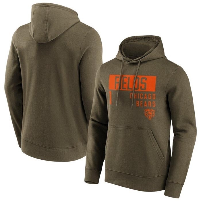 Men's Chicago Bears #1 Justin Fields Fashion Name & Number Olive Hoodie