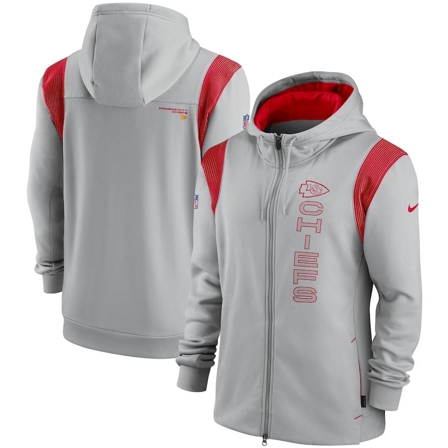 Men's Kansas City Chiefs 2021 Grey Sideline Team Performance Full-Zip Hoodie