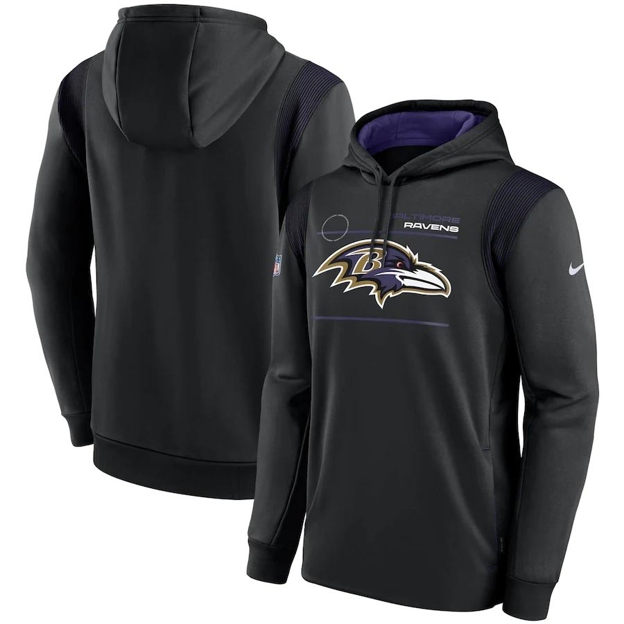 Men's Baltimore Ravens 2021 Black Sideline Logo Performance Pullover Hoodie