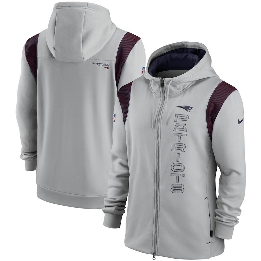 Men's New England Patriots 2021 Grey Sideline Team Performance Full-Zip Hoodie