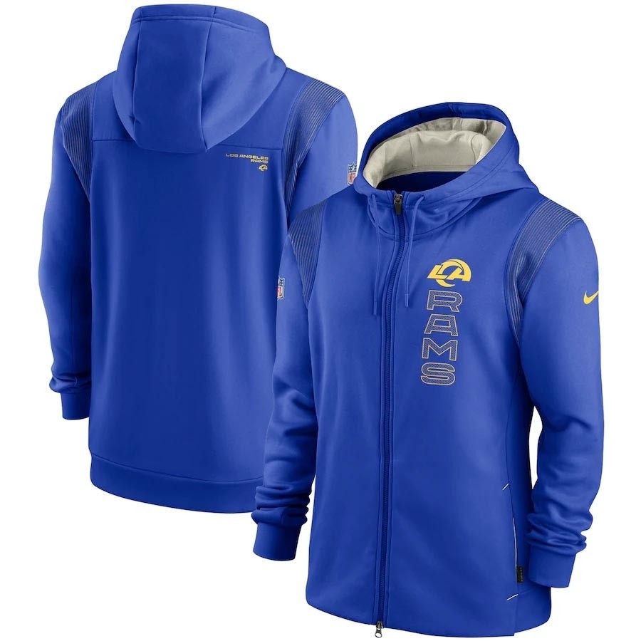 Men's Los Angeles Rams 2021 Royal Sideline Team Performance Full-Zip Hoodie