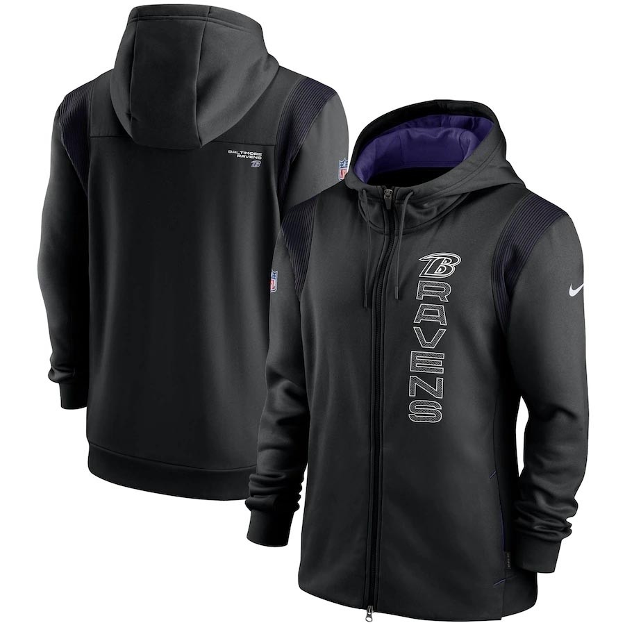 Men's Baltimore Ravens 2021 Black Sideline Team Performance Full-Zip Hoodie