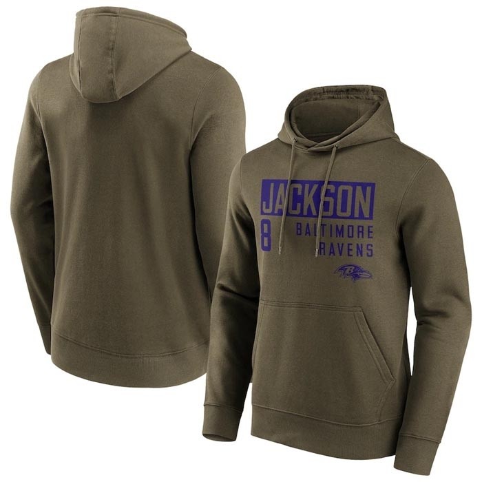 Men's Baltimore Ravens #8 Lamar Jackson Fashion Name & Number Olive Hoodie