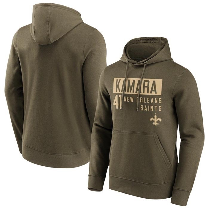 Men's New Orleans Saints #41 Alvin Kamara Fashion Name & Number Olive Hoodie