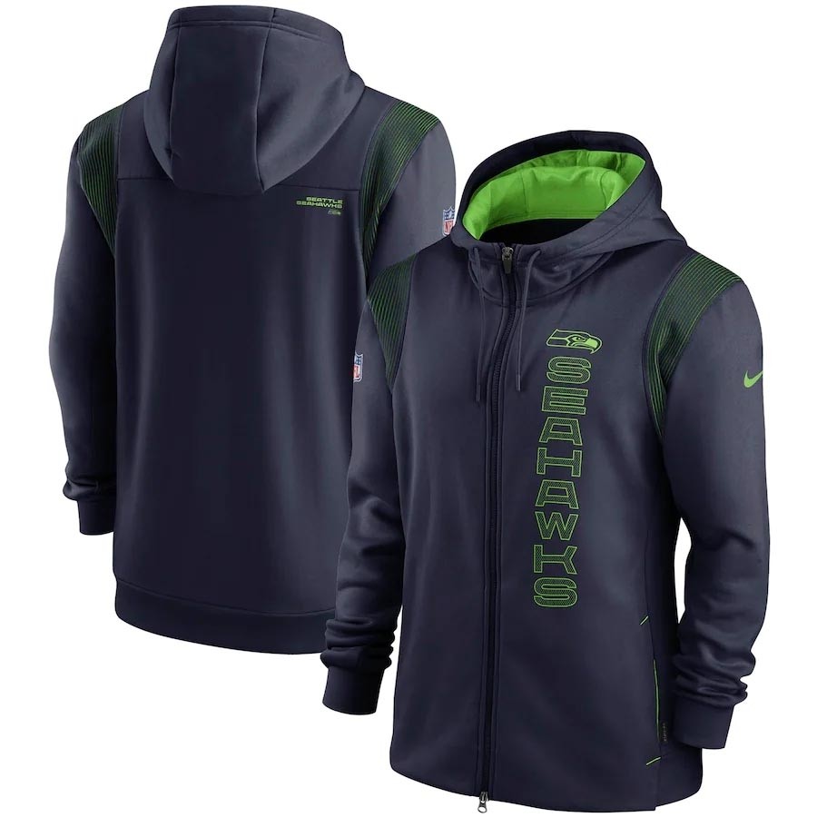 Men's Seattle Seahawks 2021 Navy Sideline Team Performance Full-Zip Hoodie