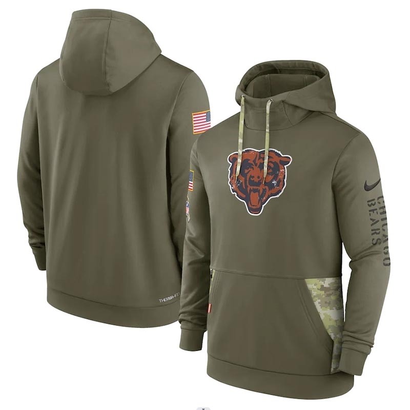 Men's Chicago Bears Nike Olive 2022 Salute to Service Therma Performance Pullover Hoodie