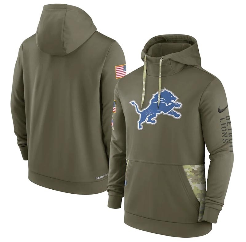 Men's Detroit Lions Nike Olive 2022 Salute to Service Therma Performance Pullover Hoodie