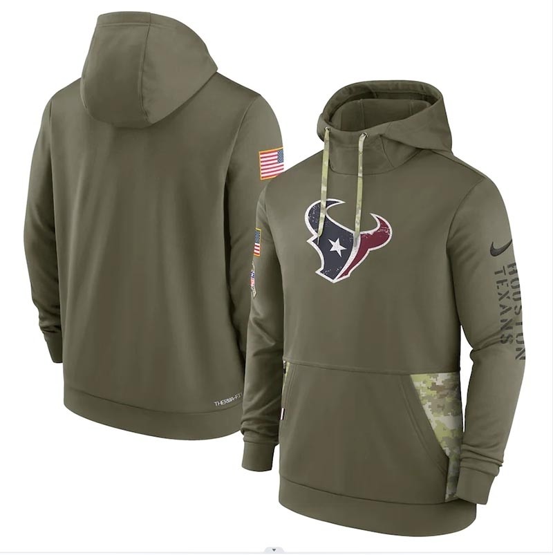 Men's Houston Texans Nike Olive 2022 Salute to Service Therma Performance Pullover Hoodie