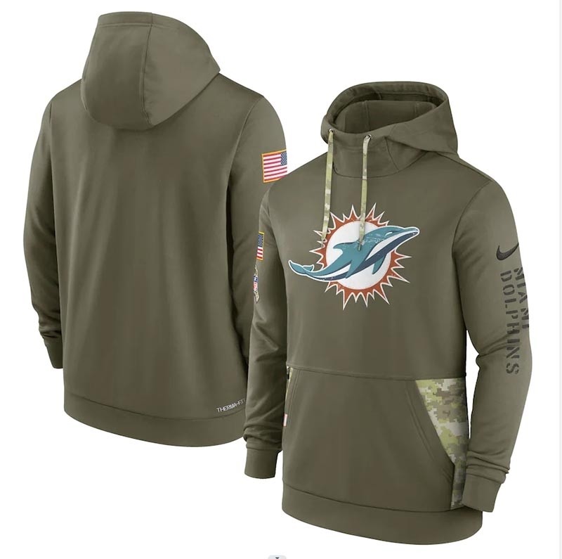 Men's Miami Dolphins Nike Olive 2022 Salute to Service Therma Performance Pullover Hoodie