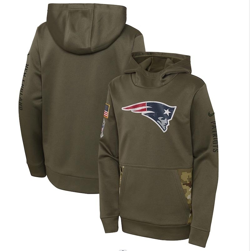 Youth New England Patriots Nike Olive 2022 Salute To Service Performance Pullover Hoodie