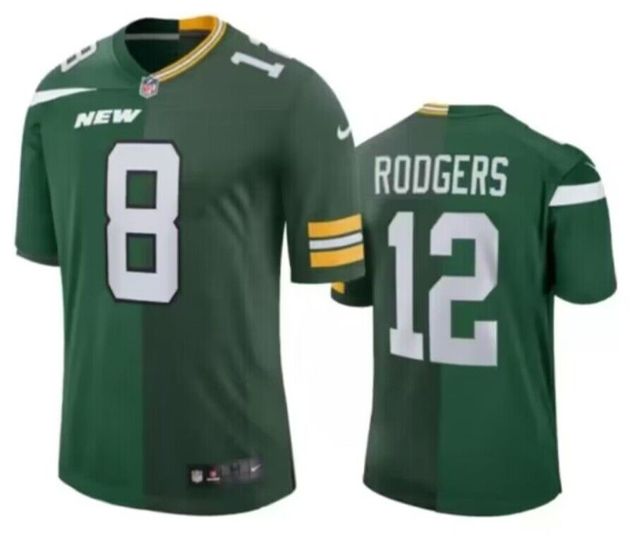 Men's New York Jets Front #8 Back #12 Aaron Rodgers Split Green Jersey