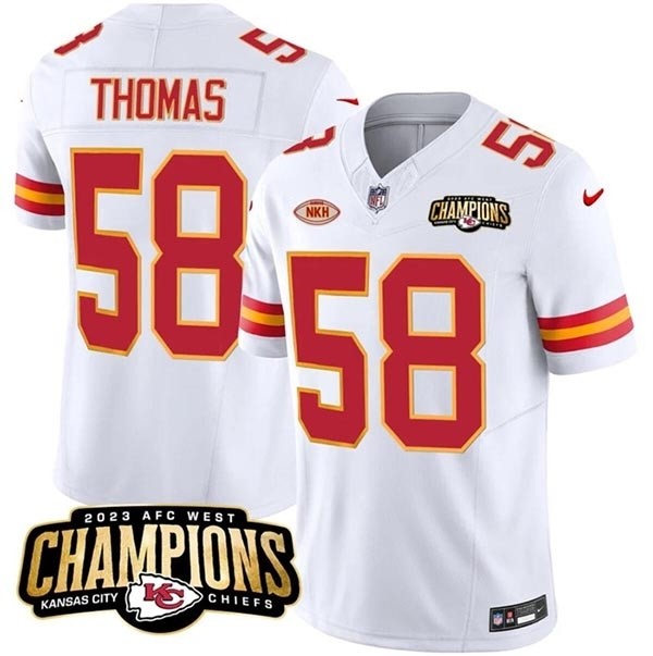 Men's Kansas City Chiefs #58 Derrick Thomas White 2023 F.U.S.E. AFC West Champions With NKH Patch Vapor Untouchable Limited Stitched Jersey