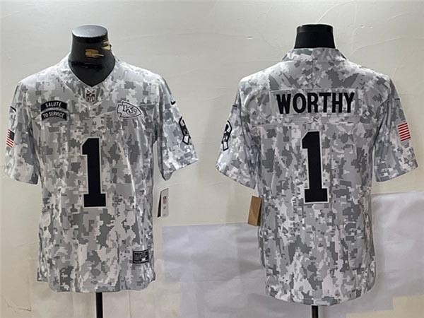 Men's Kansas City Chiefs #1 Xavier Worthy Arctic Camo 2024 Salute To Service Limited Jersey