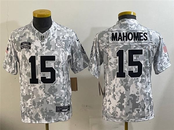 Youth Kansas City Chiefs #15 Patrick Mahomes Arctic Camo 2024 Salute To Service Limited Jersey