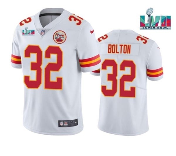 Men's Kansas City Chiefs #32 Nick Bolton White 2023 Super Bowl LVII Patch Vapor Untouchable Limited Stitched Jersey