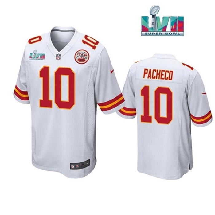 Men's Kansas City Chiefs #10 Isaih Pacheco White 2023 Super Bowl LVII Patch Stitched Game Jersey