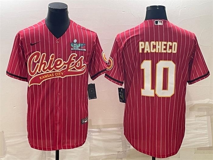 Men's Kansas City Chiefs #10 Isiah Pacheco Red Stripe With Super Bowl LVII Patch Cool Base Stitched Baseball Jersey