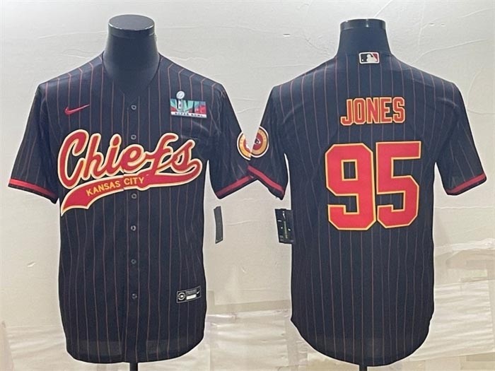 Men's Kansas City Chiefs #95 Chris Jones Black  Stripe With Super Bowl LVII Patch Cool Base Stitched Baseball Jersey