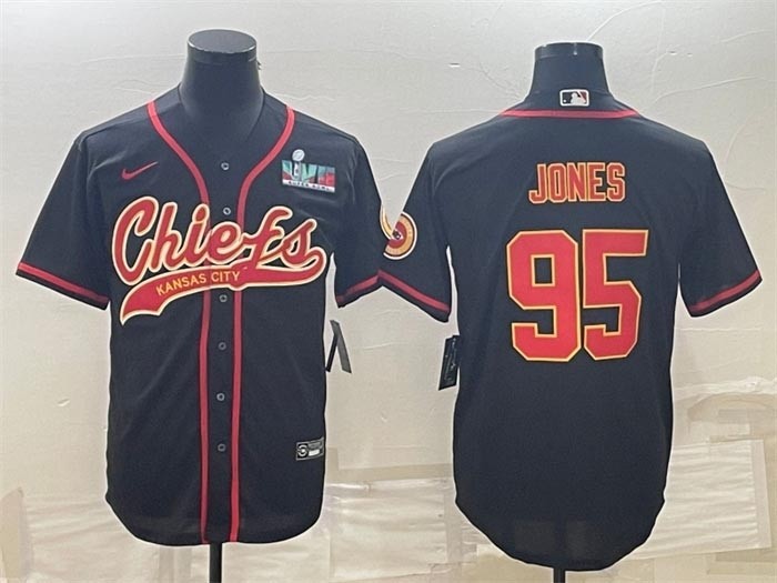 Men's Kansas City Chiefs #95 Chris Jones Black With Super Bowl LVII Patch Cool Base Stitched Baseball Jersey