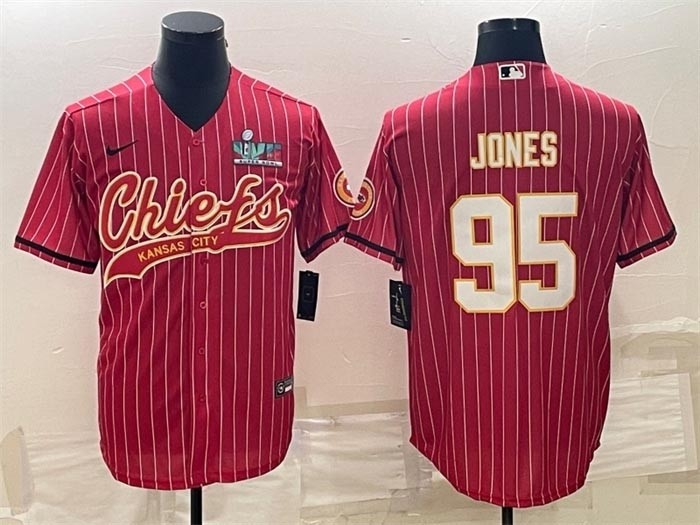 Men's Kansas City Chiefs #95 Chris Jones Red Stripe With Super Bowl LVII Patch Cool Base Stitched Baseball Jersey