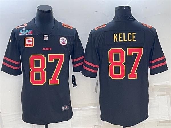 Men's Kansas City Chiefs #87 Travis Kelce Black Red Gold Super Bowl LVII Patch And 4-Star C Patch Vapor Untouchable Limited Stitched Jersey