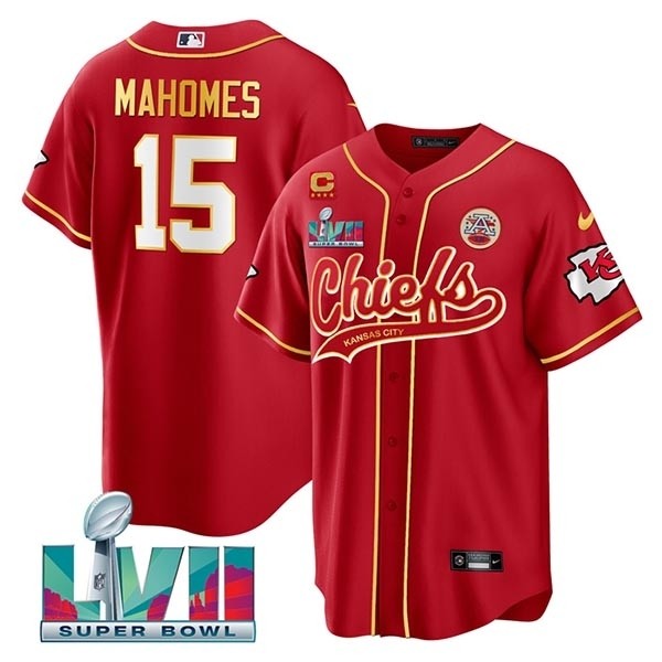 Men's Kansas City Chiefs #15 Patrick Mahomes Red With 4-Star C Patch And Super Bowl LVII Patch Cool Bae Stitched Baseball Jersey