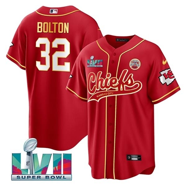 Men's Kansas City Chiefs #32 Nick Bolton Red Super Bowl LVII Patch Cool Base Stitched Baseball Jersey