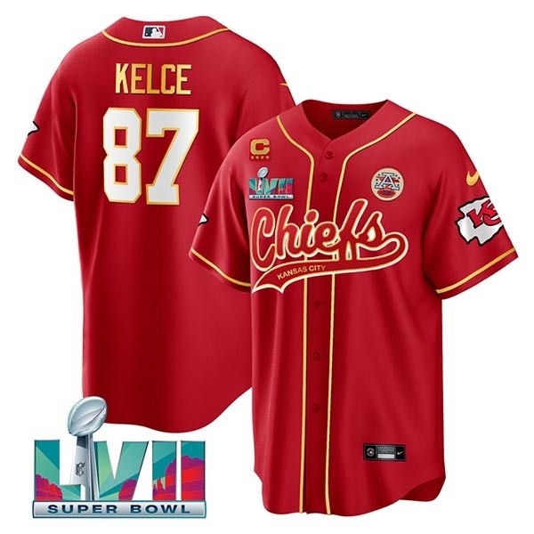 Men's Kansas City Chiefs #87 Travis Kelce Red With 4-Star C Patch And Super Bowl LVII Patch Cool Base Stitched Baseball Jersey