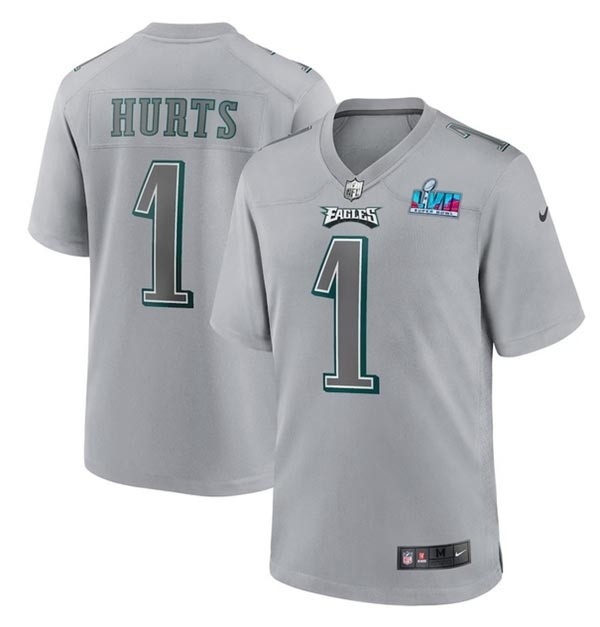 Men's Philadelphia Eagles #1 Jalen Hurts Grey 2023 Super Bowl LVII Patch Atmosphere Fashion Stitched Game Jersey