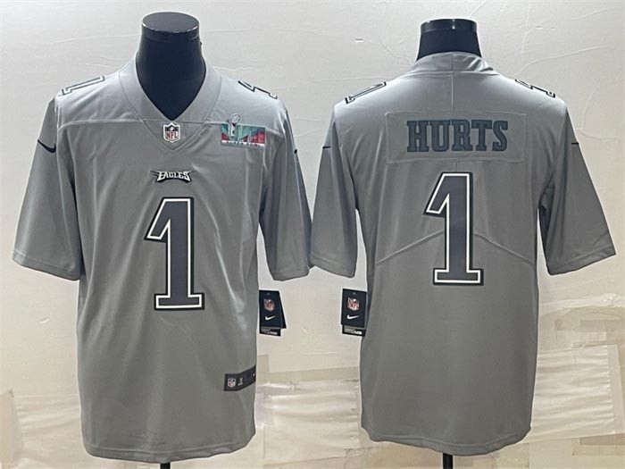 Men's Philadelphia Eagles #1 Jalen Hurts Gray Super Bowl LVII Patch Atmosphere Fashion Stitched Jersey