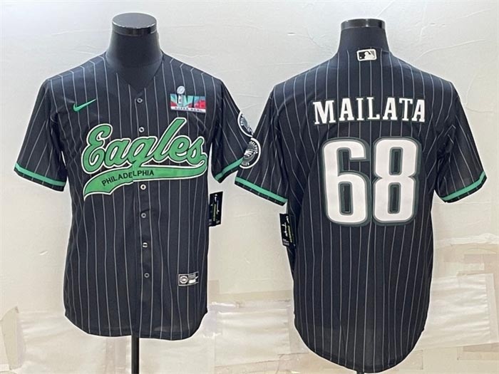 Men's Philadelphia Eagles #68 Jordan Mailata Black Stripe With Super Bowl LVII Patch Cool Base Stitched Baseball Jersey