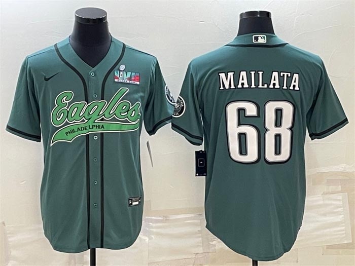 Men's Philadelphia Eagles #68 Jordan Mailata Green With Super Bowl LVII Patch Cool Base Stitched Baseball Jersey