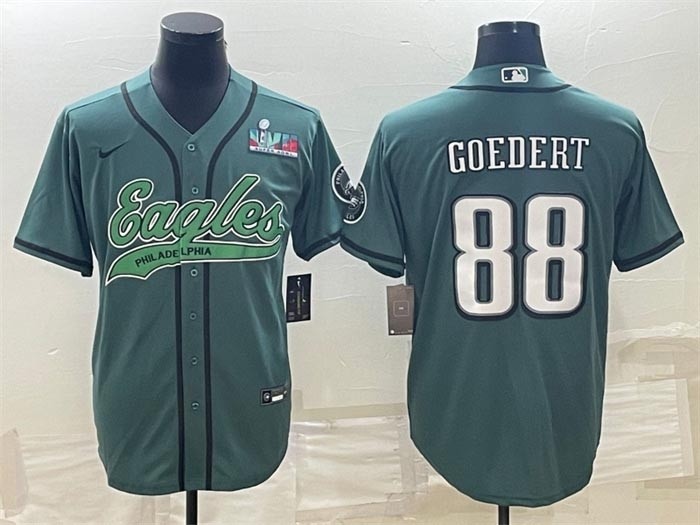 Men's Philadelphia Eagles #88 Dallas Goedert Green With Super Bowl LVII Patch Cool Base Stitched Baseball Jersey