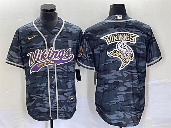 Men's Minnesota Vikings Grey Camo Team Big Logo Cool Base Stitched Baseball Jersey