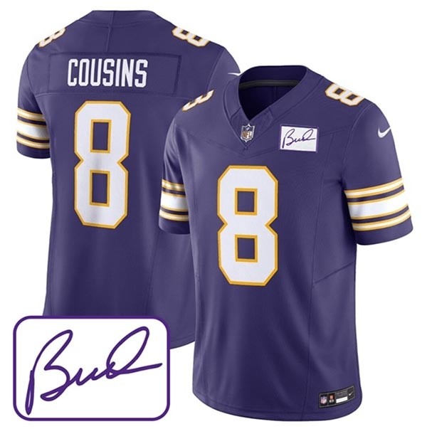 Men's Minnesota Vikings #8 Kirk Cousins Purple 2023 F.U.S.E. Bud Grant Patch Limited Stitched Jersey