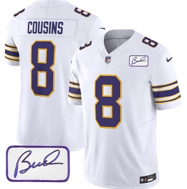 Men's Minnesota Vikings #8 Kirk Cousins White 2023 F.U.S.E. Bud Grant Patch Vapor Limited Stitched Jersey