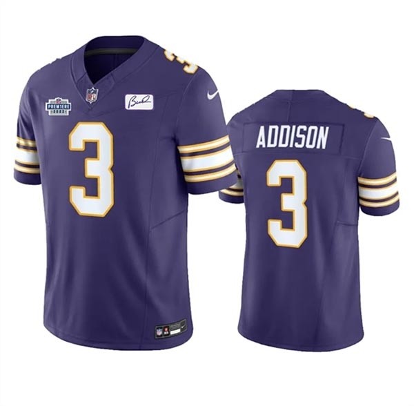 Men's Minnesota Vikings #3 Jordan Addison Purple 2023 F.U.S.E. With Prem1ere Patch And Bud Grant Patch Vapor Untouchable Limited Stitched Football Jersey