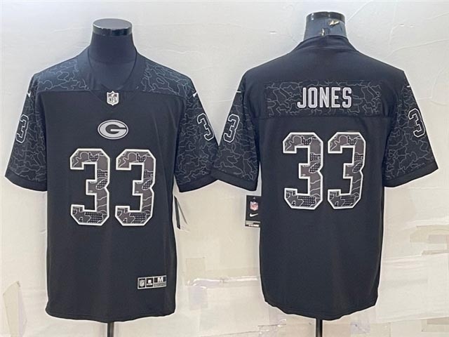 Men's Green Bay Packers #33 Aaron Jones Black Reflective Limited Stitched Football Jersey