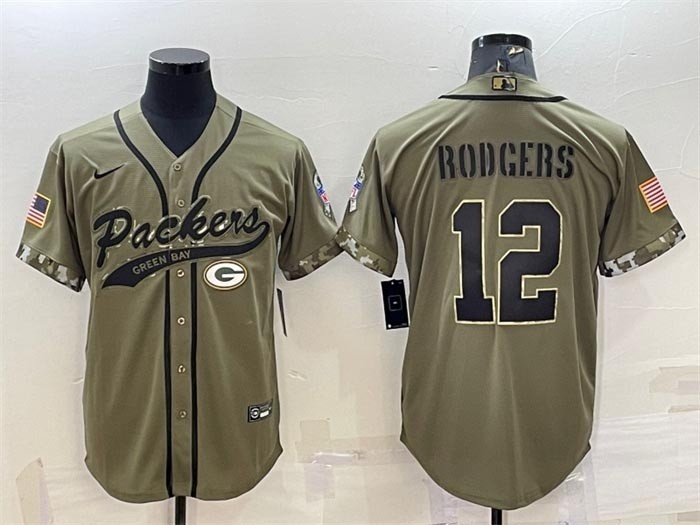 Men's Green Bay Packers #12 Aaron Rodgers Olive 2022 Salute To Service Cool Base Stitched Baseball Jersey