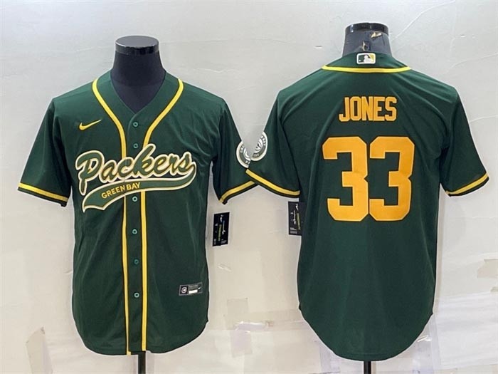 Men's Green Bay Packers #33 Aaron Jones Green Gold With Patch Cool Base Stitched Baseball Jersey