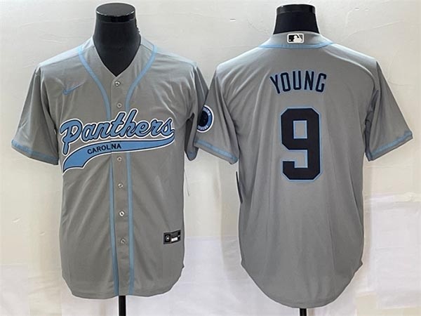 Men's Carolina Panthers #9 Bryce Young Gray With Patch Cool Base Stitched Baseball Jersey