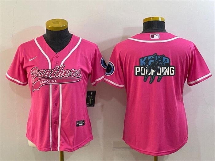 Women's Carolina Panthers Pink Team Big Logo With Patch Cool Base Stitched Baseball Jersey(Run Small)