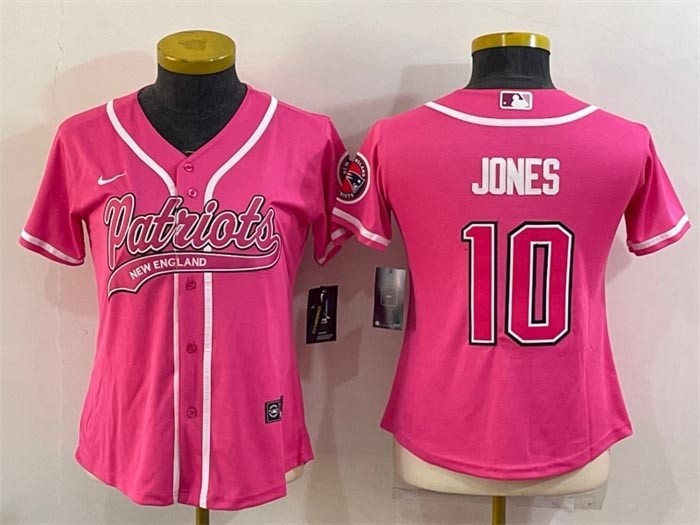 Women's New England Patriots #10 Mac Jones Pink With Patch Cool Base Stitched Baseball Jersey(Run Small)