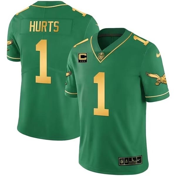 Men's Philadelphia Eagles #1 Jalen Hurts Green Gold Vapor Limited Stitched Football Jersey