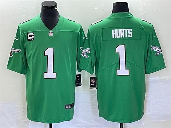 Men's Philadelphia Eagles #1 Jalen Hurts Emerald Green Vapor Limited With C Patch Stitched Football Jersey