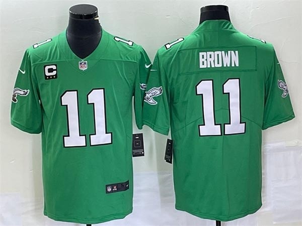 Men's Philadelphia Eagles #11 A. J. Brown Emerald Green With C Patch Stitched Football Jersey