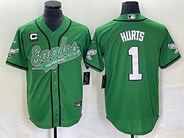 Men's Philadelphia Eagles #1 Jalen Hurts Green With C Patch Cool Base Stitched Baseball Jersey