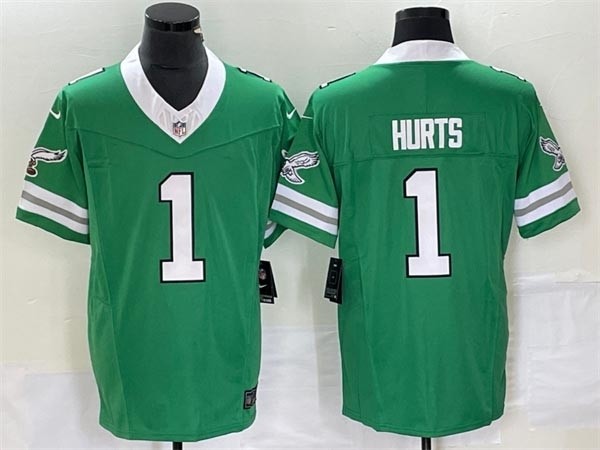 Men's Philadelphia Eagles #1 Jalen Hurts Green with White Collar 2023 F.U.S.E. Vapor Untouchable Stitched Football Jersey