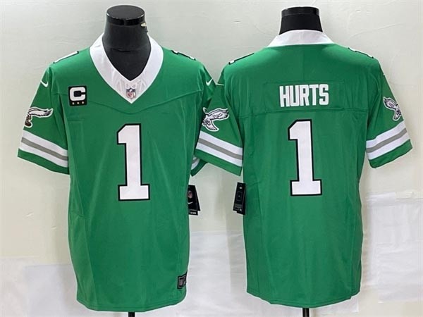 Men's Philadelphia Eagles #1 Jalen Hurts Green with White Collar 2023 F.U.S.E. Vapor Untouchable With C Patch Stitched Football Jersey